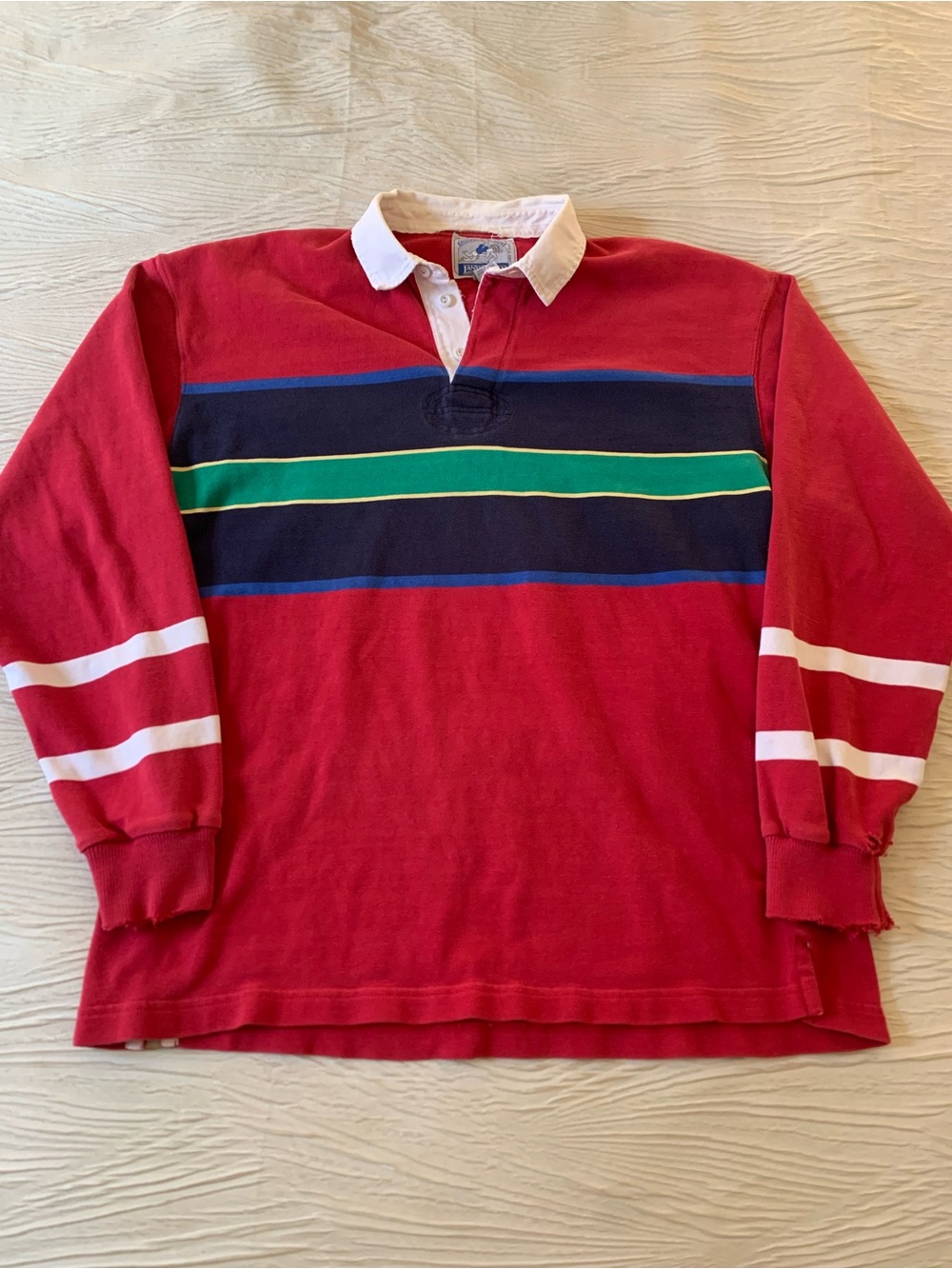 Vintage 80s Land’s End Made in USA Red Striped Rugby Shirt, size Large Tall